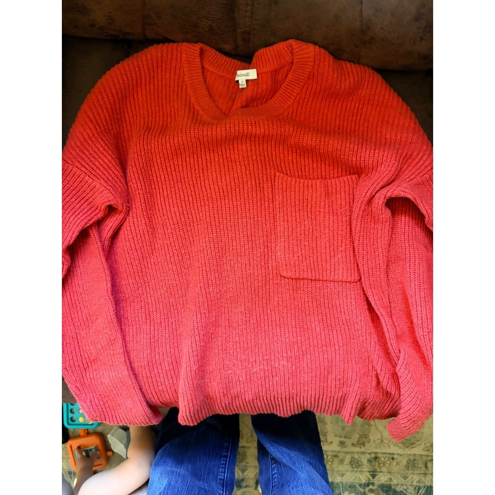 Madewell Womens Shaker Stitch Pocket Pullover Sweater Coral Red Size S